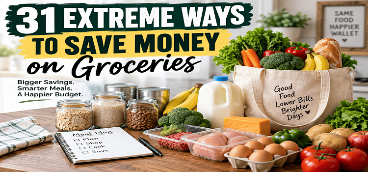 Extreme ways to save money on groceries with fresh produce, pantry staples, meal planning, and budget-friendly family food.