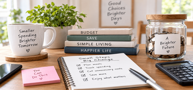 How to start living frugally when you overspend with a budget planner, savings jar, calculator, and simple money-saving habits
