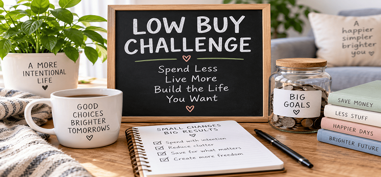 Low buy challenge ideas to help families spend less, stop impulse buying, reduce clutter, and save more money without a strict no-buy challenge.