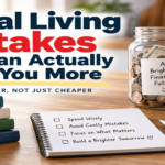 Frugal living mistakes that can actually cost you more, shown with a savings jar, budget books, and a money checklist.