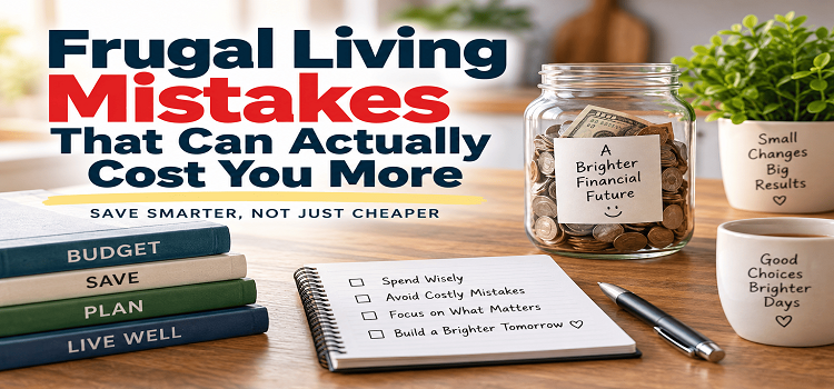 Frugal living mistakes that can actually cost you more, shown with a savings jar, budget books, and a money checklist.