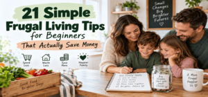 21 simple frugal living tips for beginners to save money on groceries, bills, shopping, and everyday family expenses.