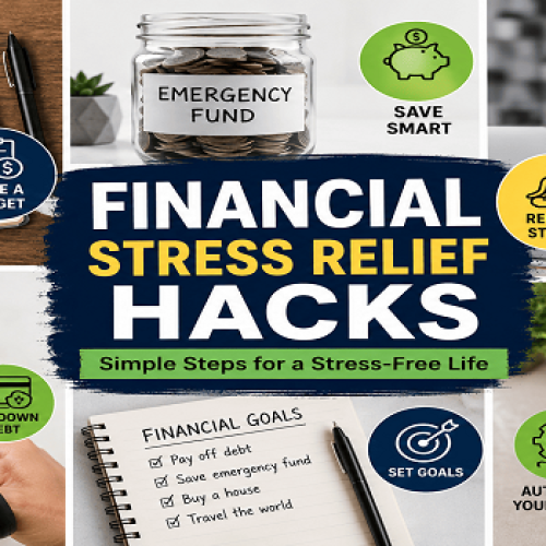 Photo collage showing financial stress relief hacks including budgeting, emergency savings, debt reduction, financial goals, online banking tools, and simple money management strategies for reducing money anxiety.